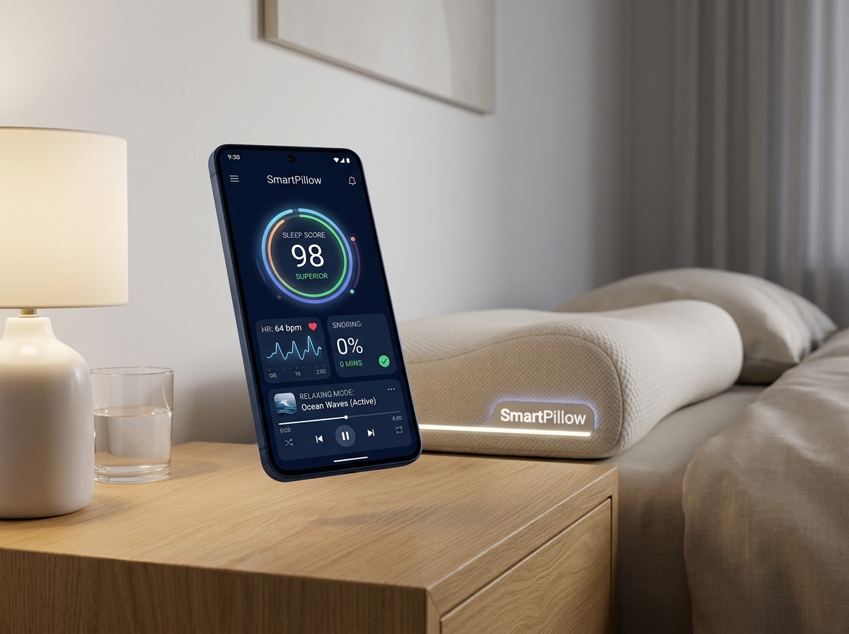 Aplicativo do SmartPillow aberto em smartphone moderno mostrando Sleep Score 98 e estatísticas ao lado do travesseiro