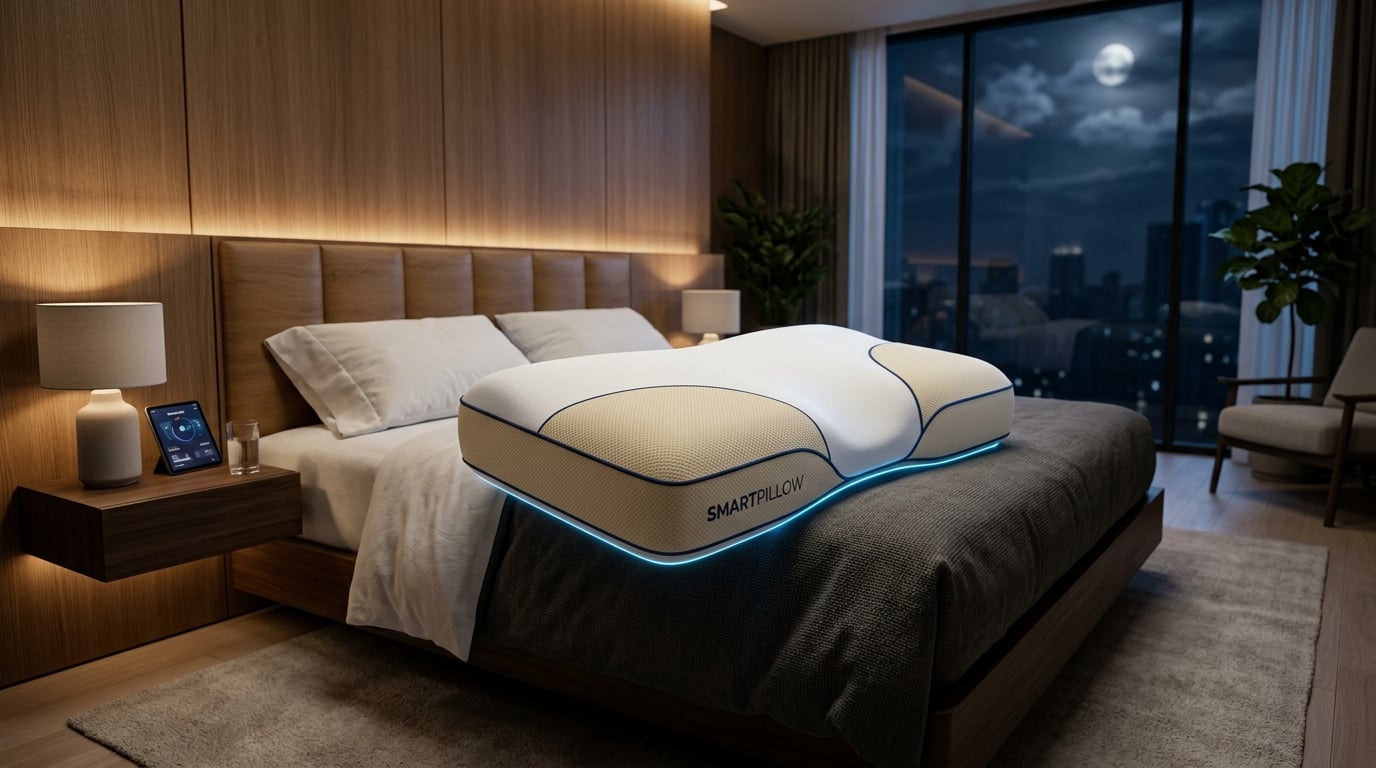 SmartPillow - Travesseiro inteligente em quarto moderno minimalista com iluminação suave e contornos ergonômicos