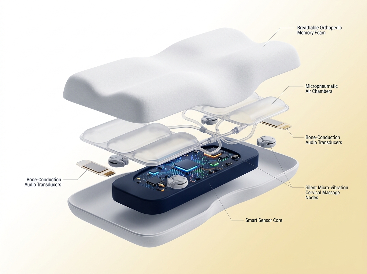 Visão técnica explodida do SmartPillow revelando as camadas ortopédicas de grafeno, bolsas micropneumáticas e circuito neural
